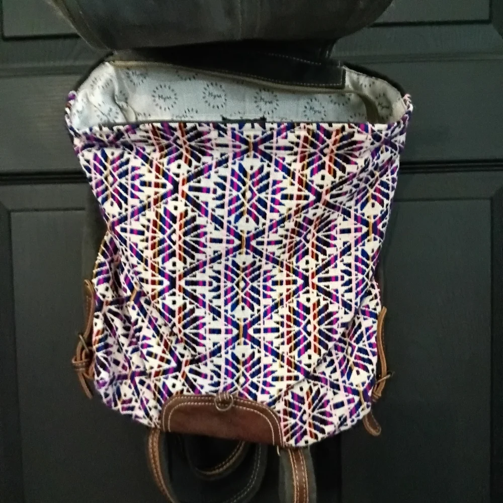 Myra Bag Handmade Vibrant Backpack Upcycled Canvas & Cowhide Leather Western